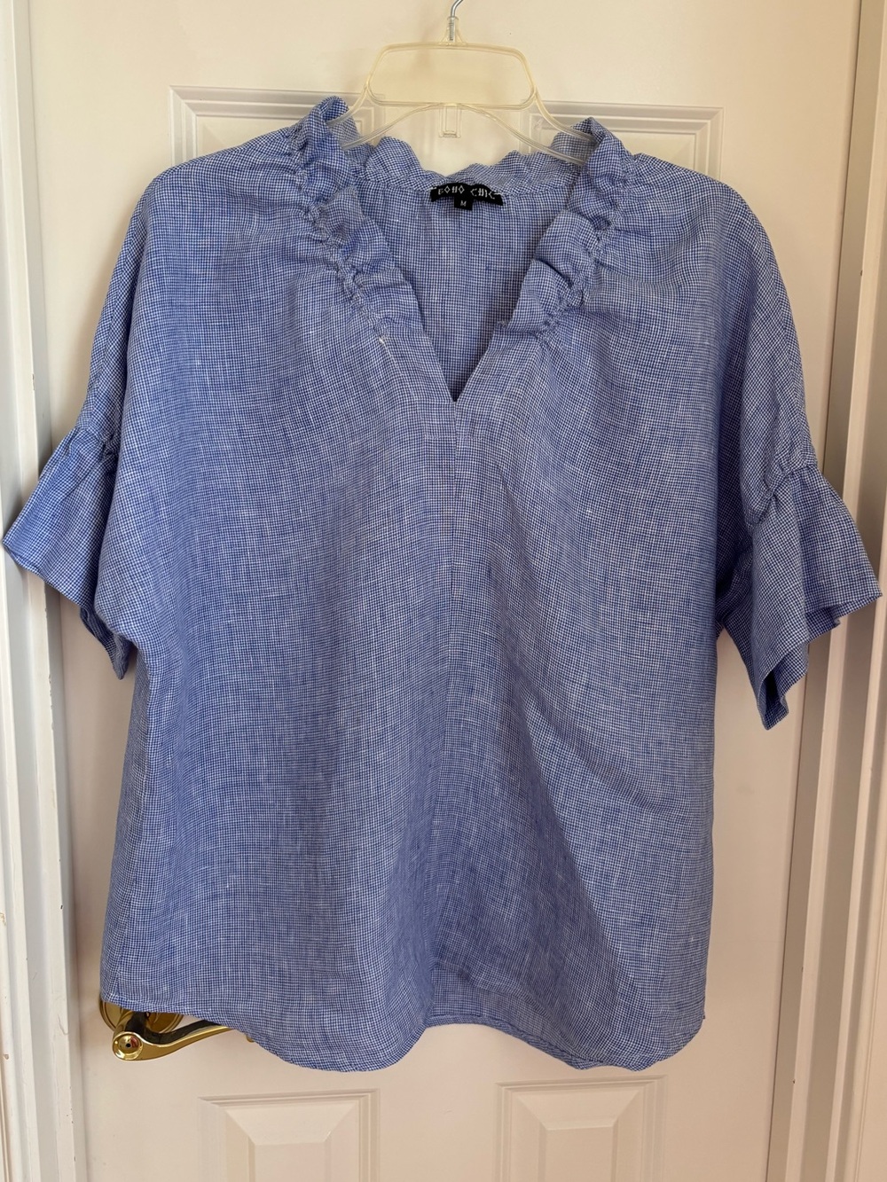 Boho Chic Light Blue Ruffle V-Neck Linen Top size M